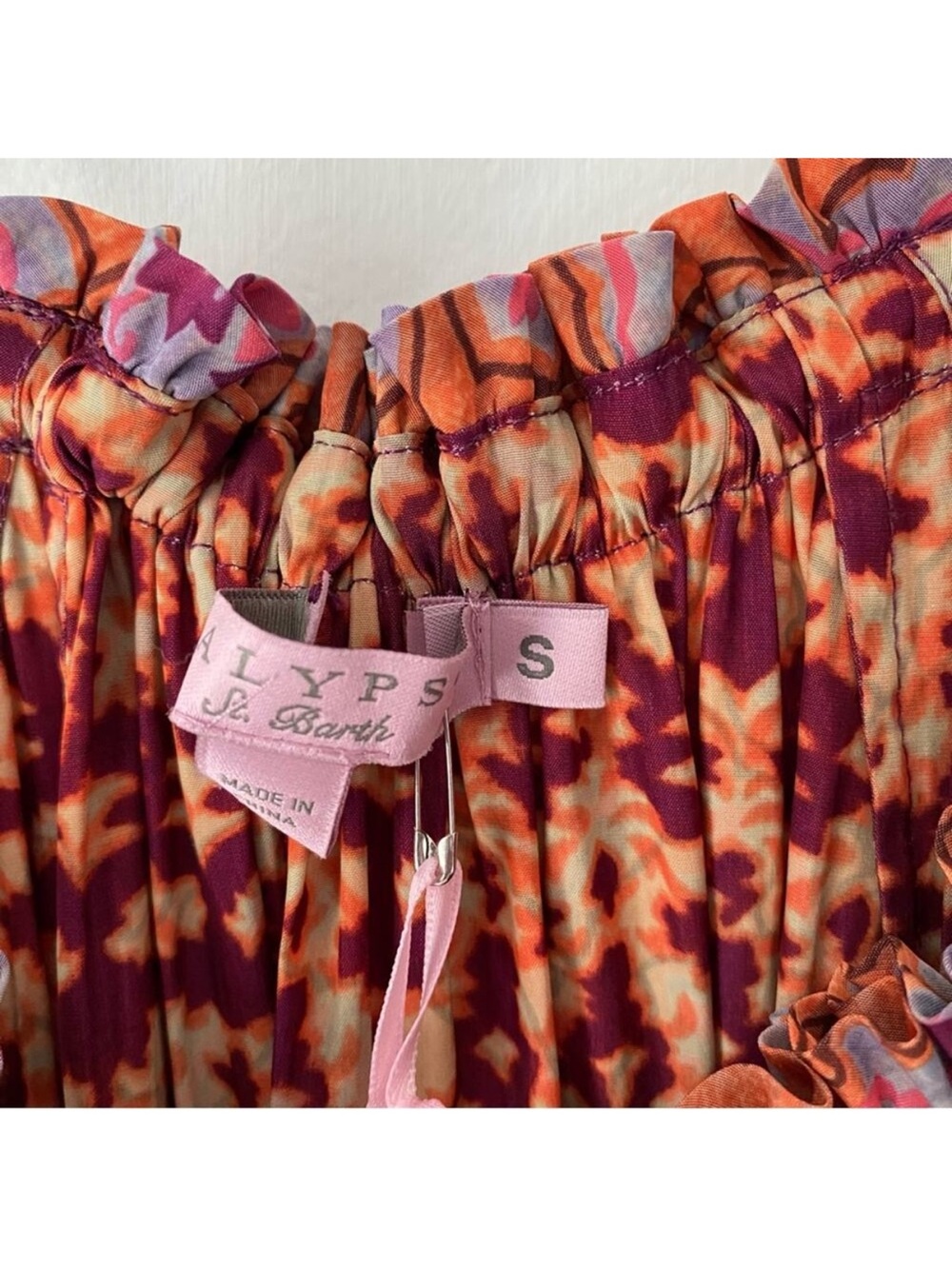 Calypso St. Barth Ardelle NWTS Maxi Ruffle Dress Purple Rust Batik Print small - Picture 12 of 12